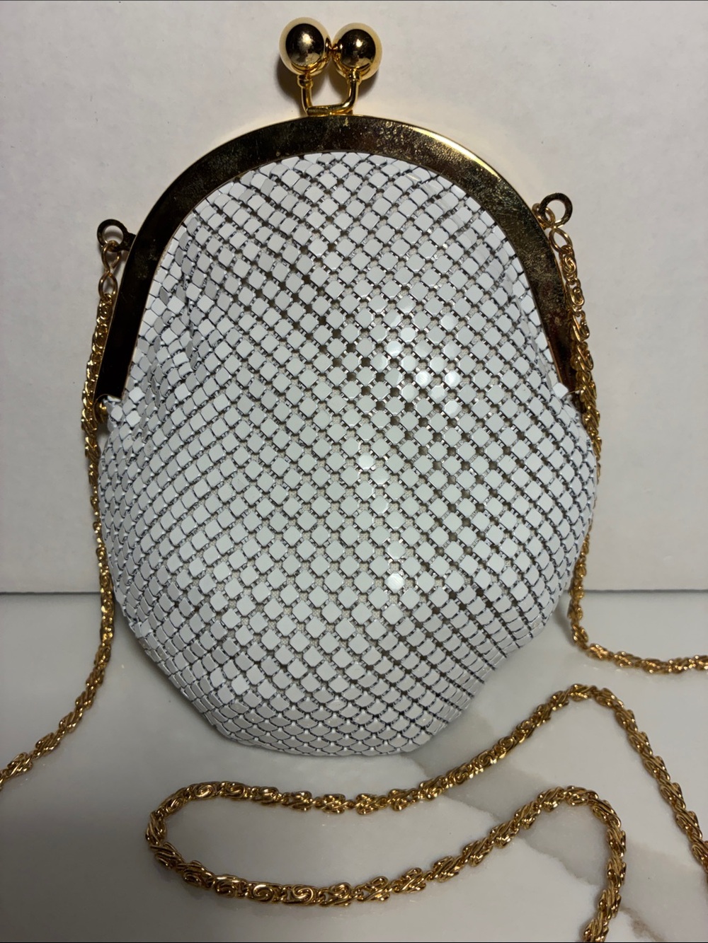 White Mesh Evening Crossbody Bag with Gold Chain